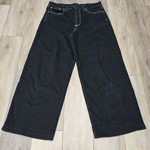 Hale Wide Leg Black Denim Jeans Button Fly White Stiching Women's 32 Grunge